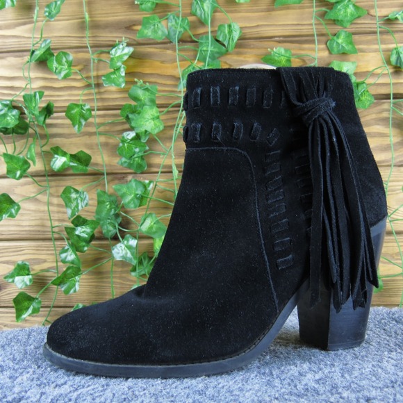 Jessica Simpson Chassie Black Suede Fringe Heeled Ankle Boots Size 8.5M - Picture 1 of 8